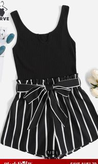 Essnce Plus Striped Belted Tank Romper