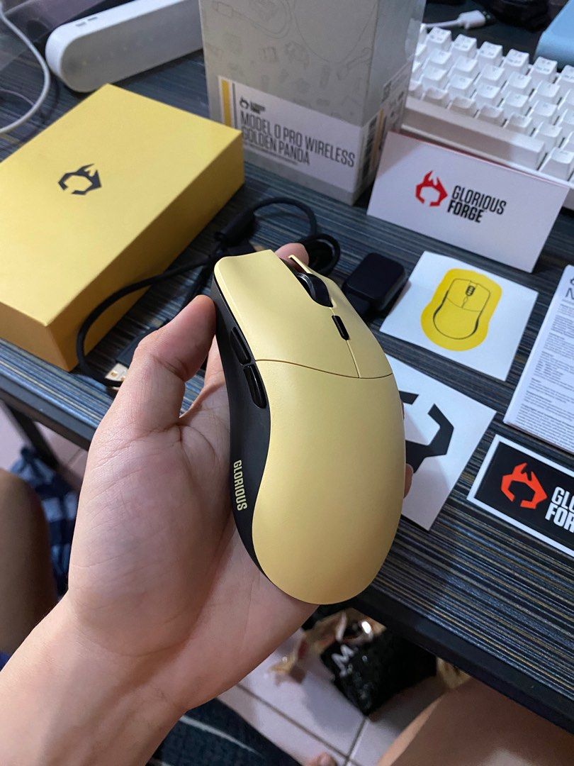 Glorious Model O Pro Wireless (Category: Mouse & Mousepads) located in Manila. Submitted by mallowwzx (Listing ID 1267295065, Image 2). Description: Glorious Model O Pro Wireless!! Golden Panda series Swap or sale Brandnew condition Complete with box Manuals Mouse Dongle Cable Stickers Valenzuela area!!.