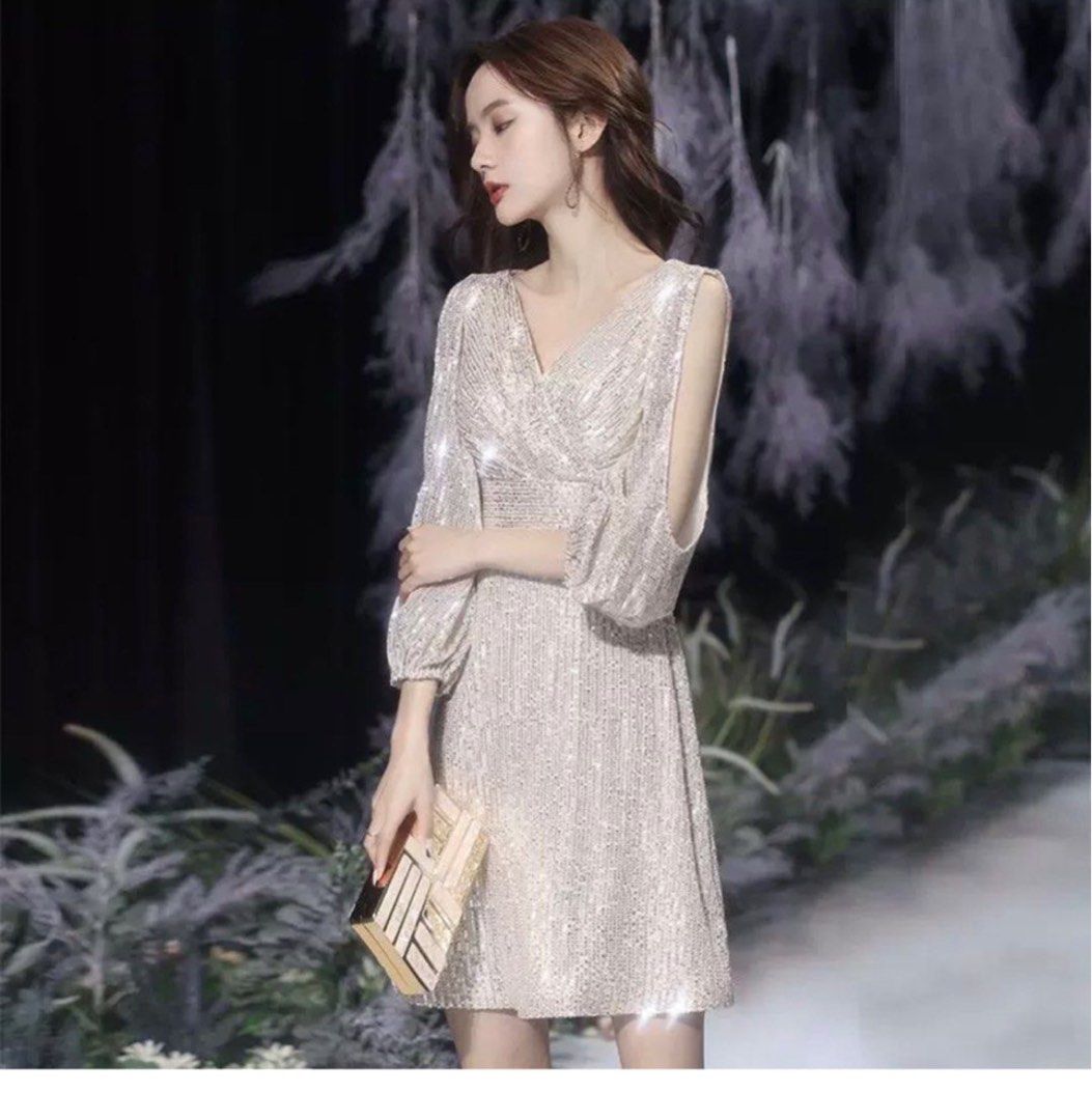 Champagne Gold One - Shoulder Party Dress with Bow Detail
