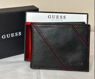 GUESS BLACK W/ RED STITCHES BILLFOLD BIFOLD & VALET MEN'S LEATHER WALLET $48 SALE