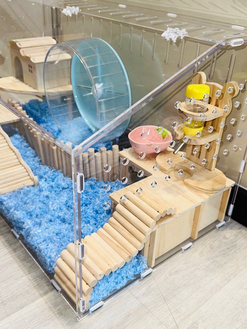 Image showcasing Hamster acrylic cage Syrian 80cm 100cm cage wooden accessories setup ...
