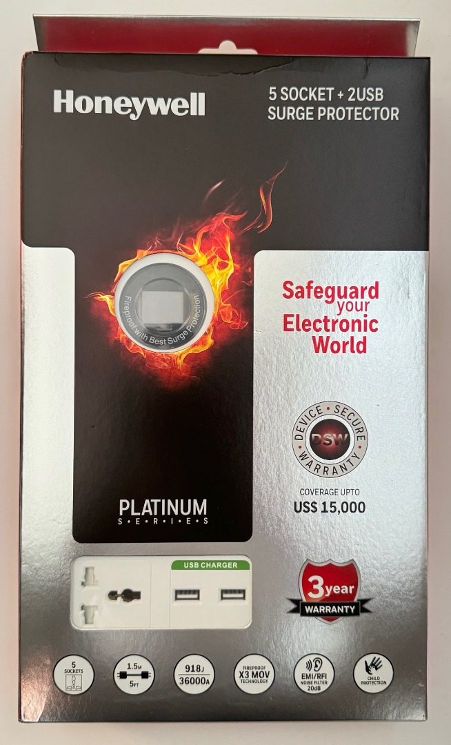 Honeywell extension cord with 5 sockets and 2 USB, TV & Home Appliances