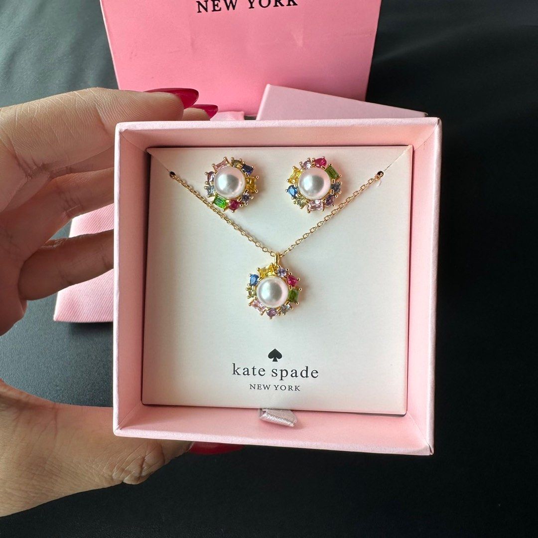 Kate spade multi colored gems pearl necklace earrings set Women s