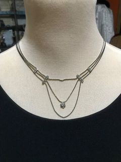 KS100NL 318 Silver Toned 3 Strands Necklace with Clear Stones & Wavy Chain Center, Vintage Fashion Accessory