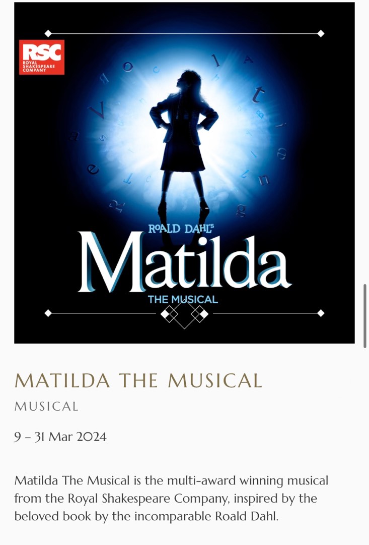 Matilda musical at mbs theatre in 2024, Tickets & Vouchers, Event Mbs Events Calendar 2025