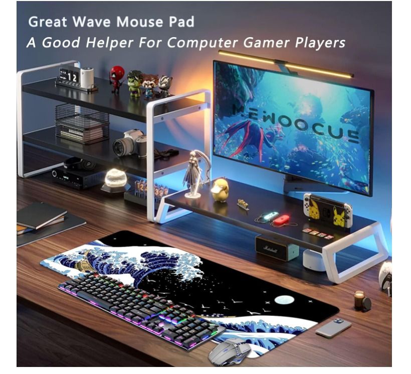 MEWOOCUE Gaming Laptop Mouse Pad,Sea Wave Big Mice Pads PC Keyboard  Waterproof and Non-Slip 31.5 x 11.8inches 3mm Thick XL,XXL Rubber Table  Mat
