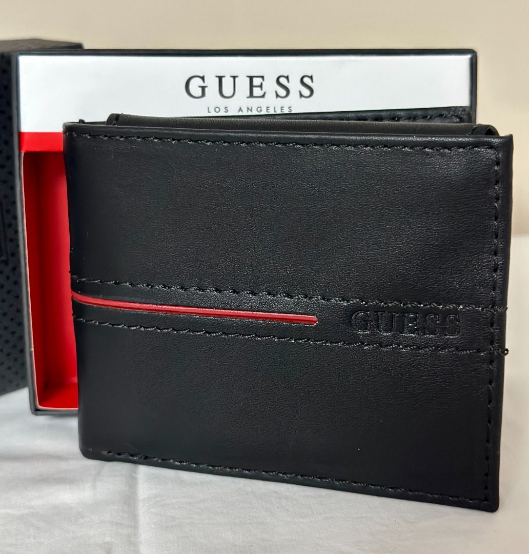 NEW GUESS BLACK RED BILLFOLD BIFOLD VALET MEN S LEATHER