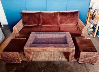 Rattan Sofa Set w/ Table 80”L x 32”W x 14”SH (3-seater) 24”L x 15”L x 12”H (1-seater) 40”L x 24”W x 19”H (center table)  Solid rattan Washable fabric seat Glass top center table In good condition