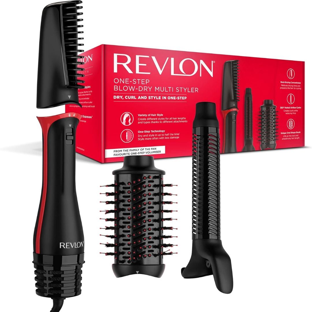 REVLON One-Step Blow-Dry Multi Styler Volumizer (Category: Hair) located in Quezon City. Submitted by happyfactoryph (Listing ID 1132526361, Image 3). Description: REVLON One-Step Blow-Dry Multi Styler – P8990 (from P20000) ⁣ Product Details: Variety of Salon Hair Styles - Create different styles thanks to its 3 interchangeable attachments. Suitable for all hair lenghts. One-Step Technology - Dry, curl and style in up to half the time(*). Style m