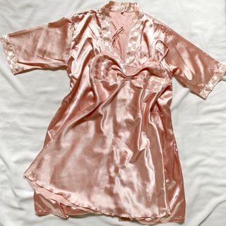 SATIN ROBE KIMONO LINGERIE SLEEPWEAR BAJU TIDUR PEACH PINK