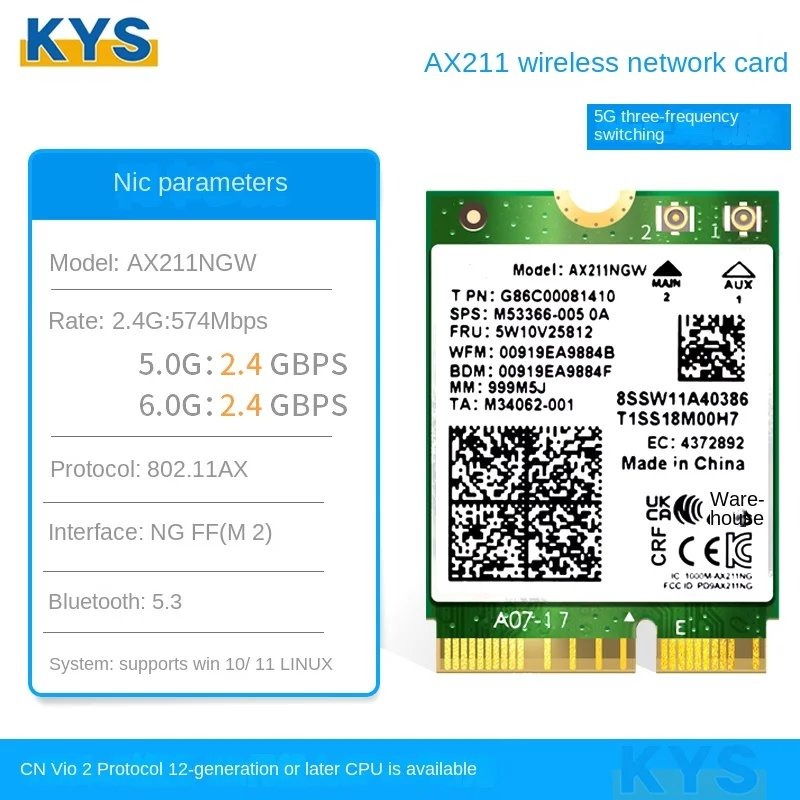 Bloepum AX211NGW WiFi 6E M.2 Key e CNVio2 Dual Band 2.4Ghz/5Ghz Tarjeta de Red InaláMbrica 802