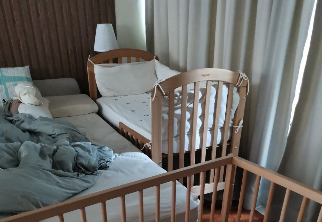 Wooden Baby Cot + IKEA mattress+ Accessories, Babies & Kids, Baby Nursery & Kids Furniture, Cots