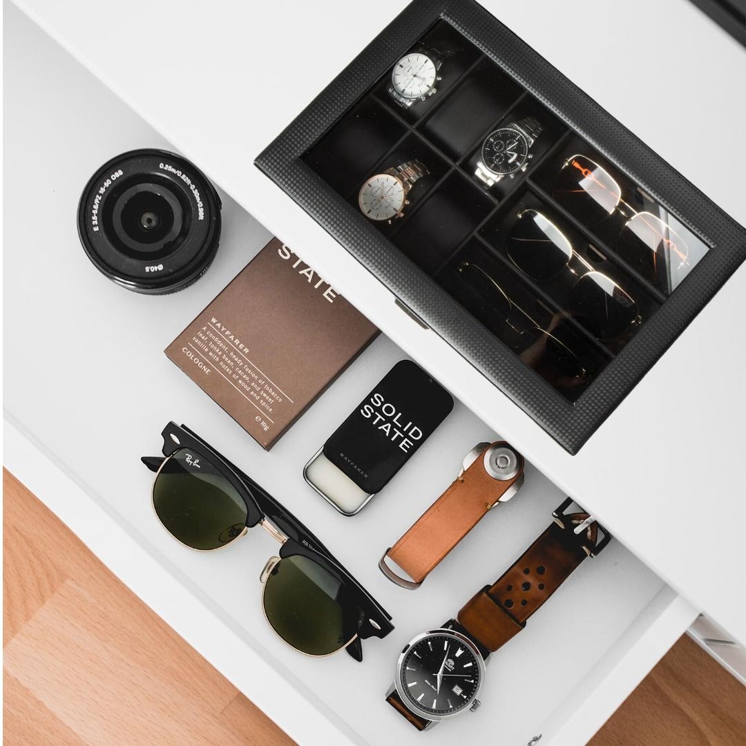 6 Slot Watch Box and 3 Sunglasses Box Organizer Carbon Fiber