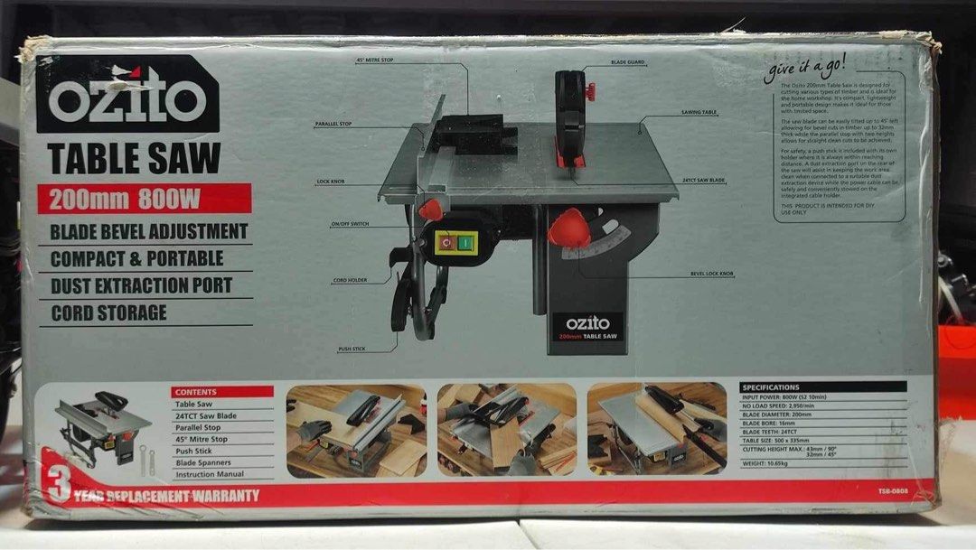 800W Table Saw (Category: Construction Tools & Equipment) located in Quezon City. Submitted by lucas_luxuries (Listing ID 1267517758, Image 2). Description: • Blade bevel adjustment • Compact and portable • Dust extraction port • Cord storage The Ozito 200mm Table Saw is designed for cutting various types of timber and is ideal for the home workshop. It’s compact, lightweight and portable design makes it ideal for those with limited space. The sa