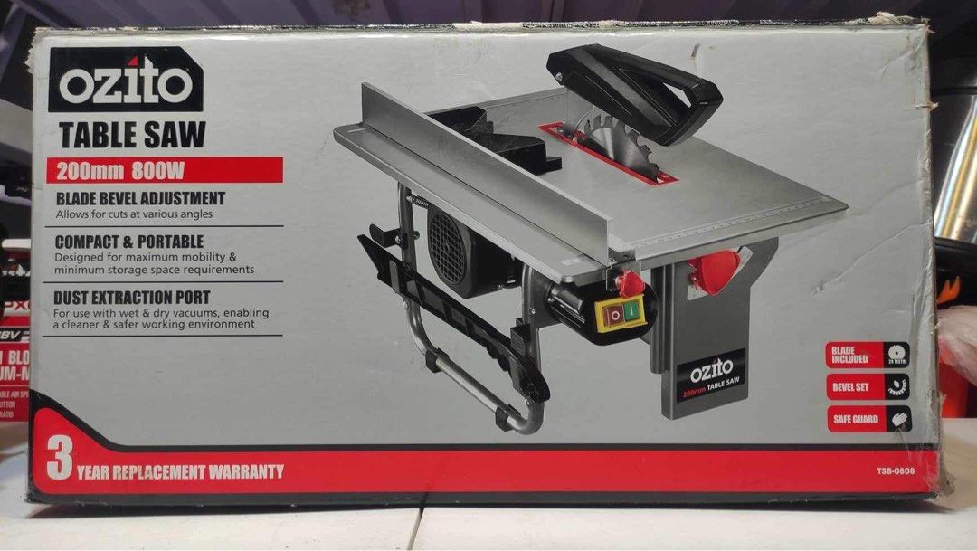 800W Table Saw (Category: Construction Tools & Equipment) located in Quezon City. Submitted by lucas_luxuries (Listing ID 1267517758, Image 1). Description: • Blade bevel adjustment • Compact and portable • Dust extraction port • Cord storage The Ozito 200mm Table Saw is designed for cutting various types of timber and is ideal for the home workshop. It’s compact, lightweight and portable design makes it ideal for those with limited space. The sa