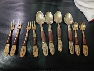 早期 純銅檀木 餐具 10隻