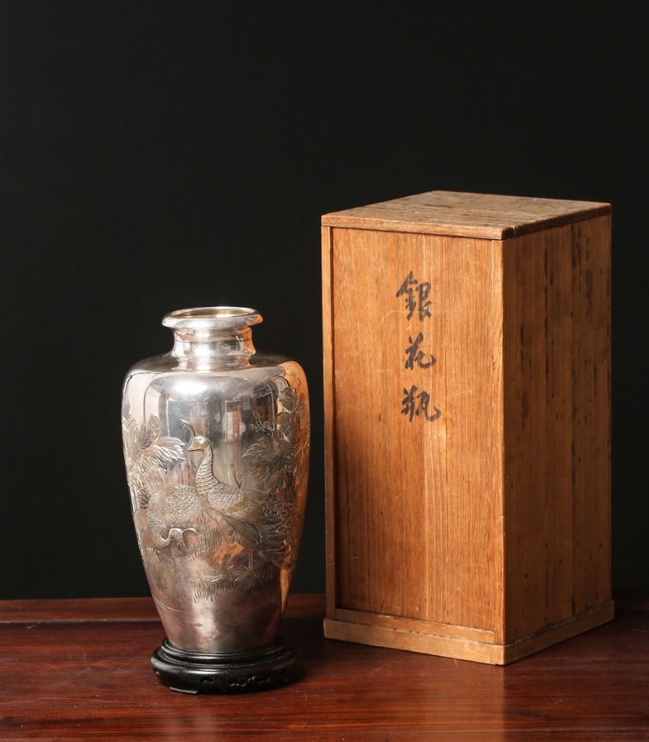 4年保証』 時代金工 古美術品[b1302] 細密細工 純銀刻印 壺 花瓶 共箱 