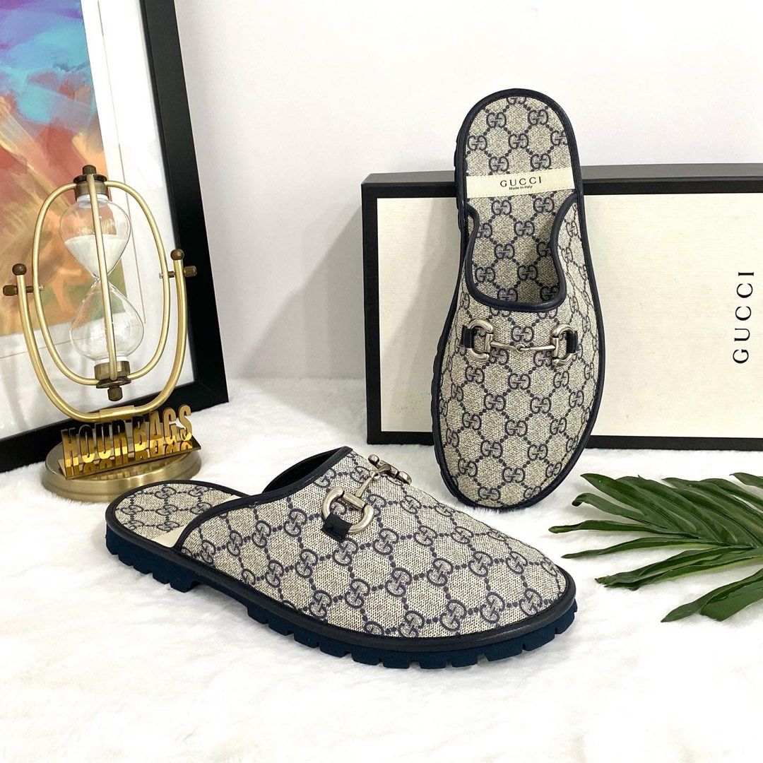 Authentic Gucci Navy Blue GG Supremer Horsebit Sandal in SHW