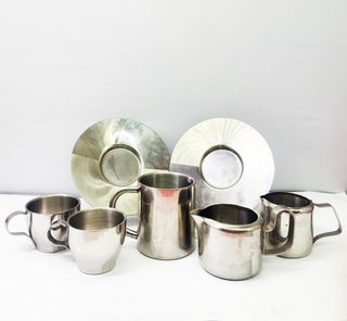 Assorted stainless steel espresso mug with milk pitchers and saucer for 150 each *T72