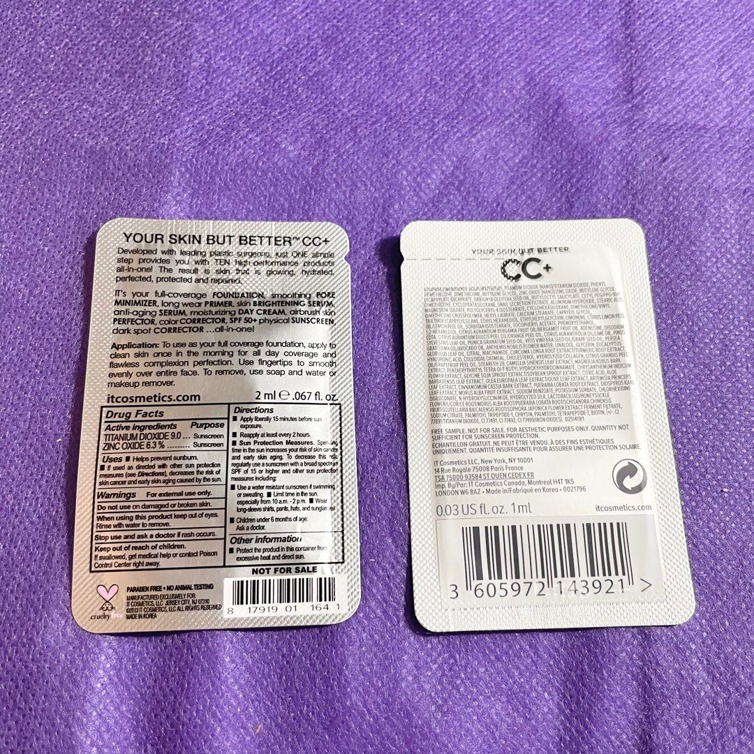 AUTHENTIC It cc color correcting full coverage cream foundation sachet sold per pc (Category: Makeup) located in Pasig City. Submitted by vanityboutique (Listing ID 1267381055, Image 2). Description: Pm for more details sold per pc sachet shade medium Brand new and authentic Selling low and affordable One of the best selling brands in the world .