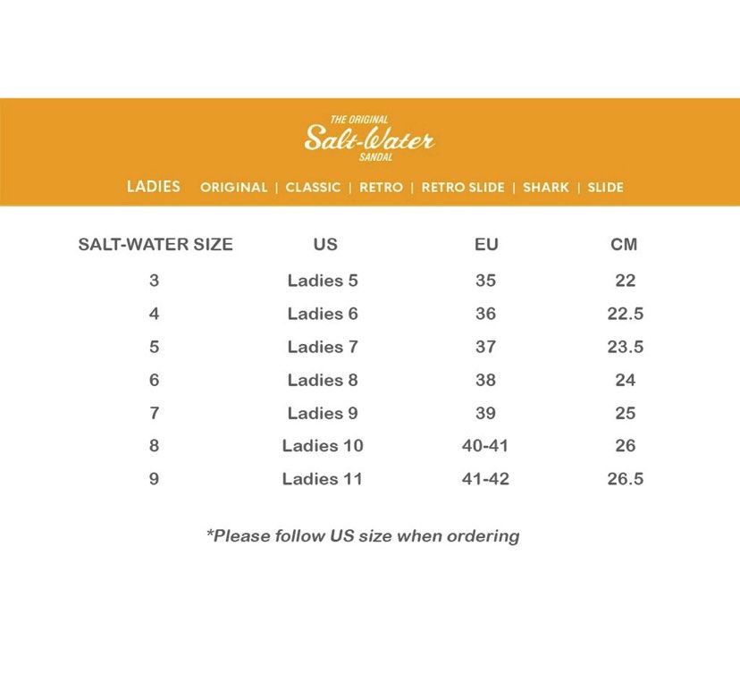 Saltwater sandals size hotsell chart