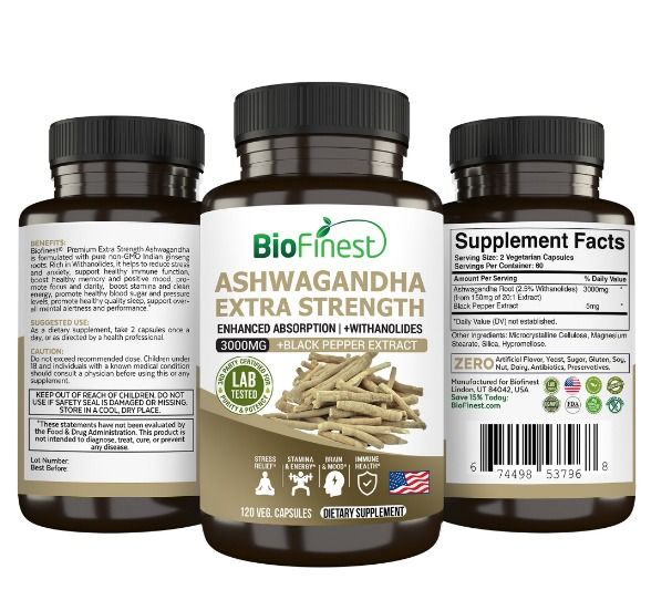 Biofinest Ashwagandha 3000mg Root Extract Organic Supplement - Relieve ...