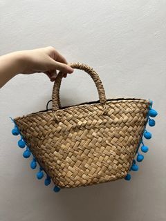 Brand New Beach Rattan Wicker Bali style Bag with Drawstring Blue PomPoms