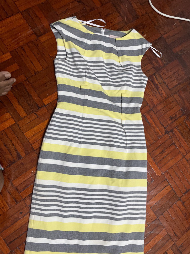 Brown grey white yellow striped dress