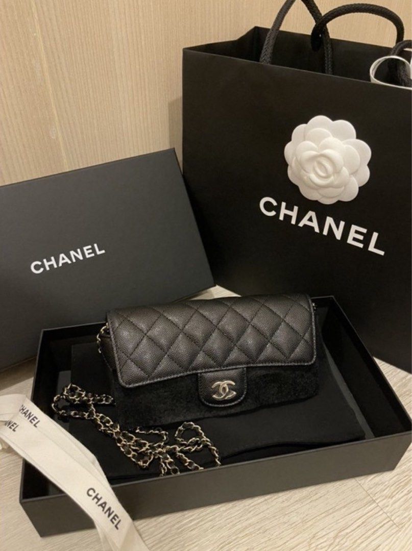 Chanel Black Quilted Caviar Glasses Case On Chain Silver