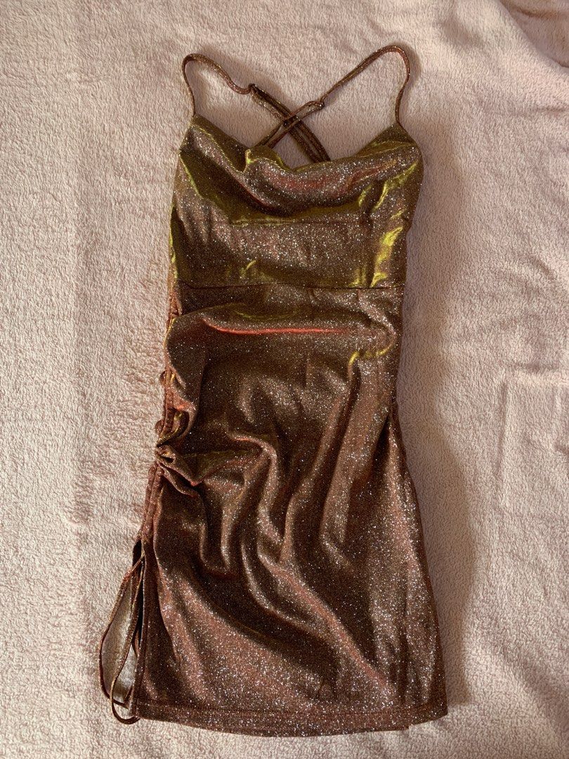 Crisscross backless ruched glitter bodycon dress, Women's Fashion, Dresses  & Sets, Evening dresses & gowns on Carousell