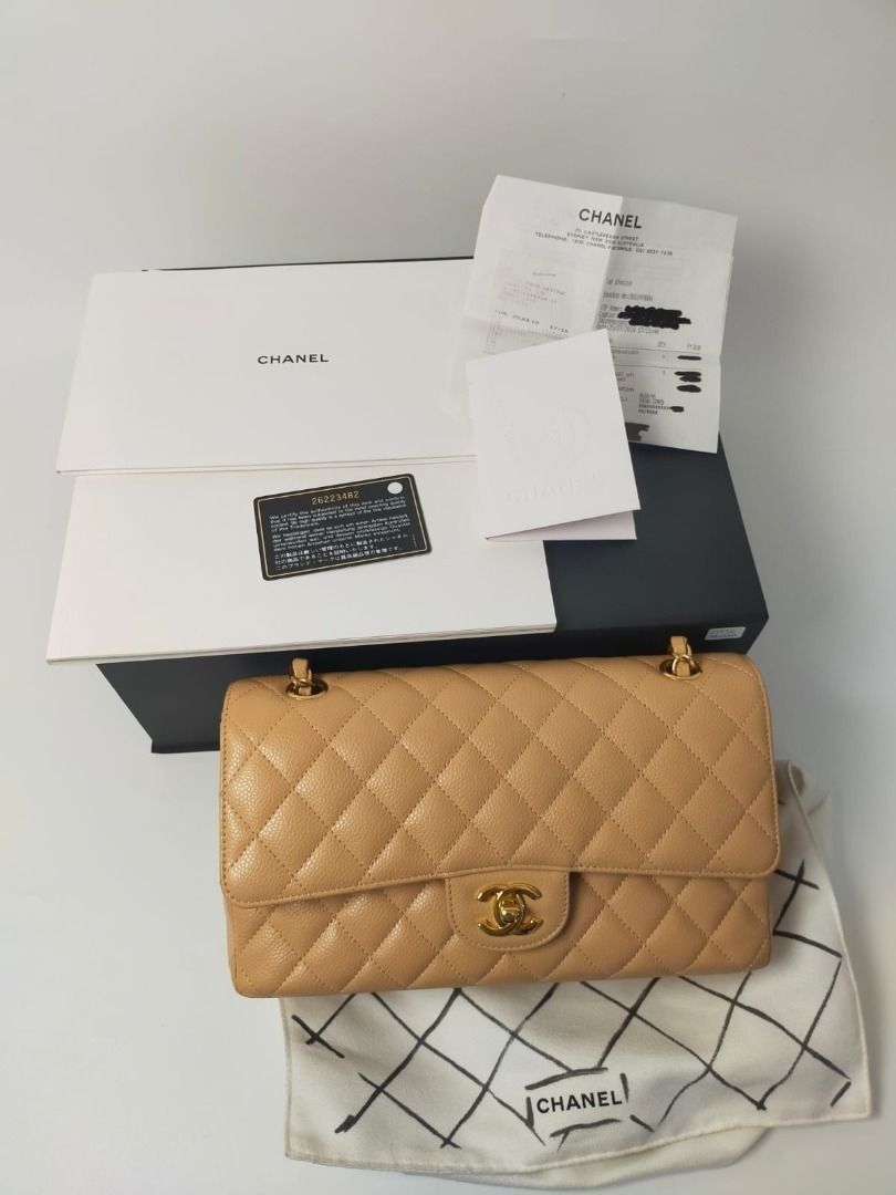 FAST SALE - Reprice - CHANEL Medium Classic Double Flap Handbag Beige  Caviar GHW #26 (Complete with Dustbag, Card, Booklet, Box, Tag, Store  receipt / invoice, Chain, Serial number card), Barang Mewah