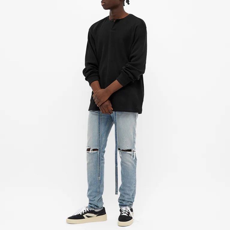 AS PACK ONLY‼️Fear of God Essentials (Category: Sleep and Loungewear) located in Quezon City. Submitted by cannadr3w (Listing ID 1267515892, Image 1). Description: FOR SALE‼️ AS PACK ONLY‼️ Fear of God Essentials Thermal Long-Sleeve Henley T-Shirt ‘Black’ Excellent used condition Medium on tag W24 x L31 No inclusion. 1,500php + sf Fear of God Essentials Distressed Denim Jeans Excellent used condition W32-33 x L42 Hem 7” No inclusion. 2,000php + s