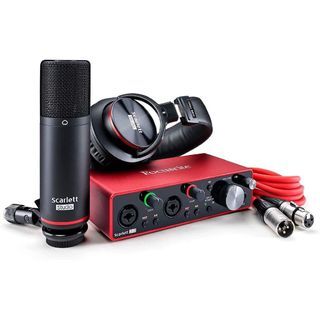 Focusrite Scarlet 2i2 studio condenser microphone and headphones