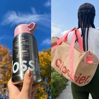 Glossier limited edition Holiday 2023 tumbler (all sold) + duffle bag in desert rose + socks