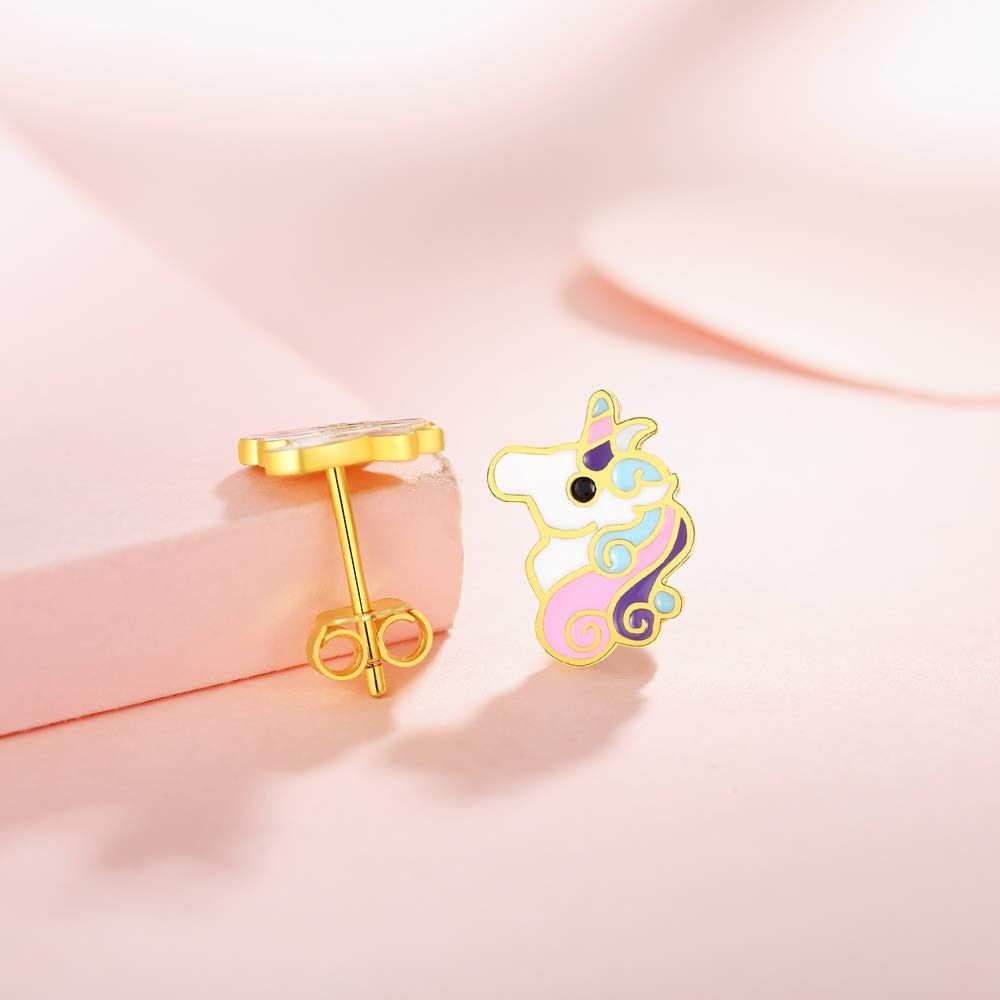 Gold Pink Unicorn Earrings Girls Women Cute Hypoallergenic Stud
