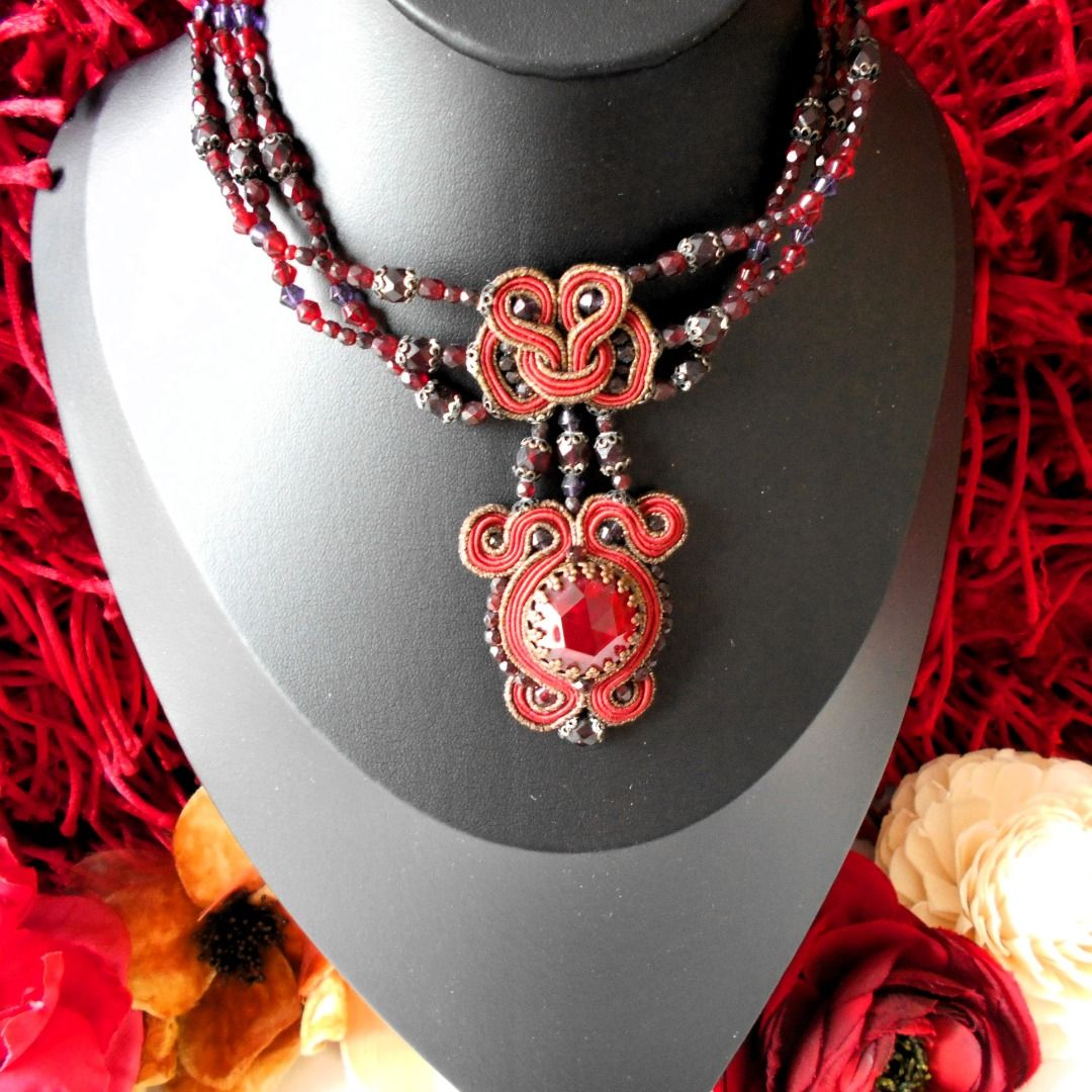Handcrafted Parisian Victorian Red Gold Quartz Silk Soutache