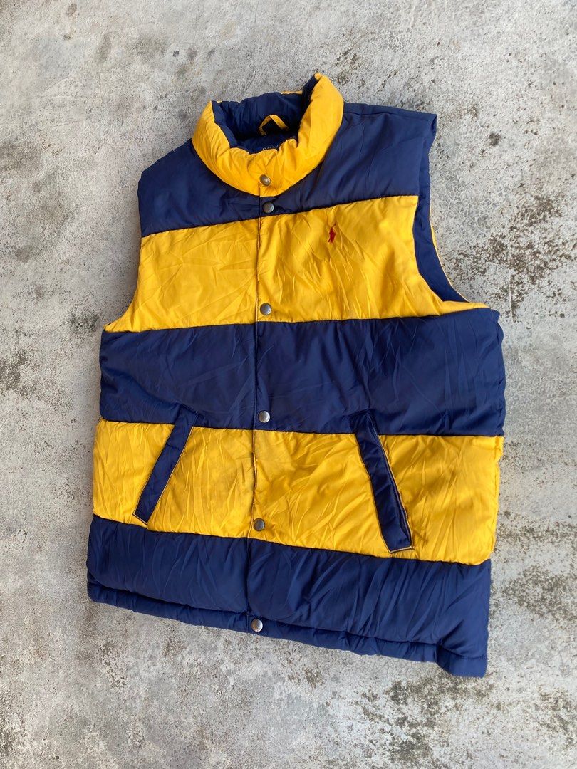 L Polo Ralph Lauren Down Puffer Vest Navy Yellow Stripe