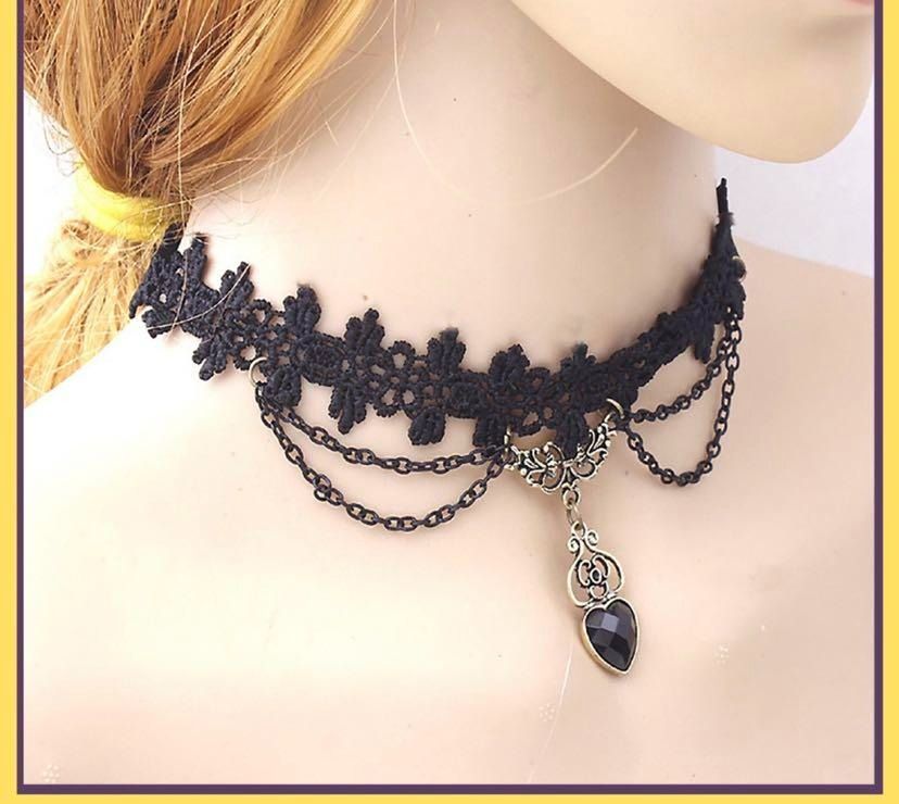 Lace heart pendant chain necklace Gothic Lolita Punk Choker Black