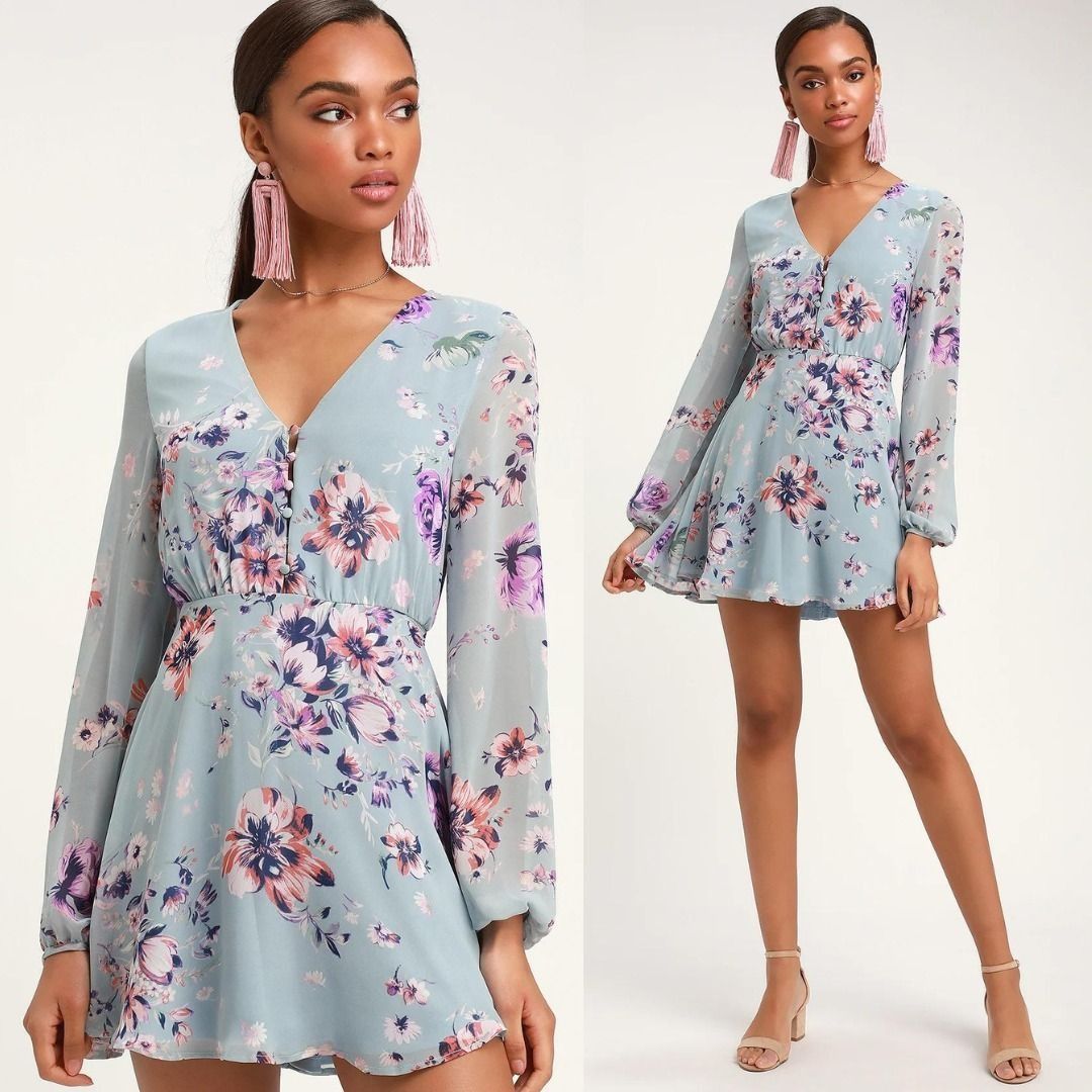 LULUS Always Yours Light Blue Floral Print Long Sleeve Skater