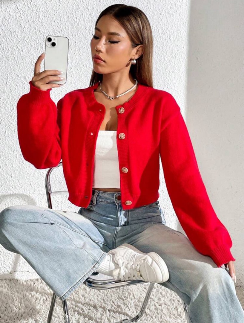 Red button up cardigan