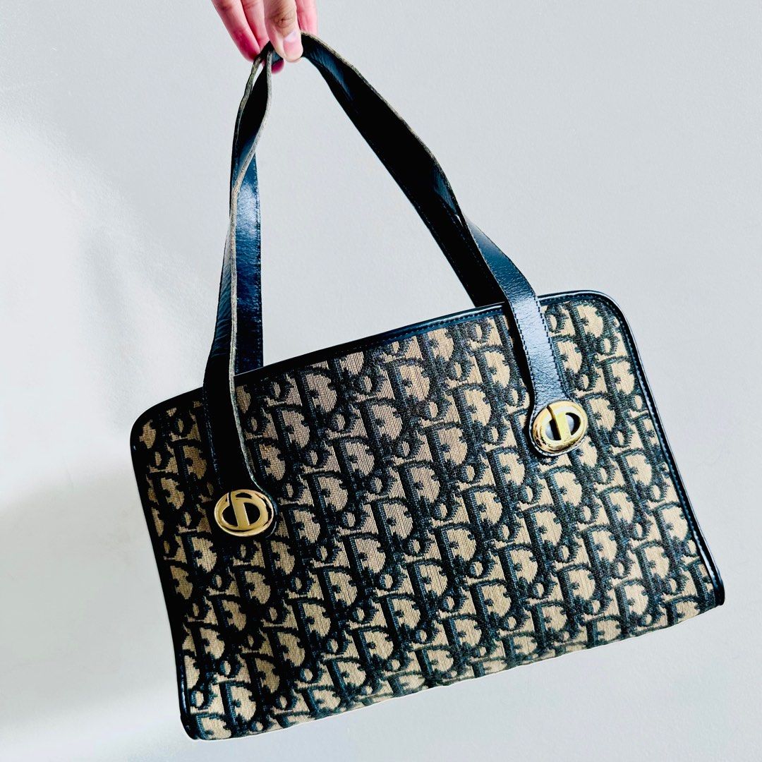 STEAL Christian Dior CD Navy Blue GHW Oblique Monogram Logo Vintage Shoulder Tote Bag Authentic