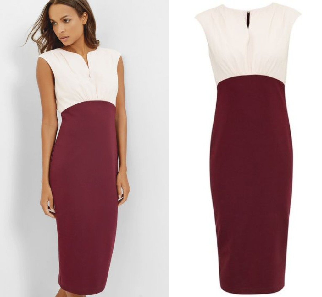 Ted Baker Adeba Colour Block Bodycon Silk Dress Maroon Peach Pink