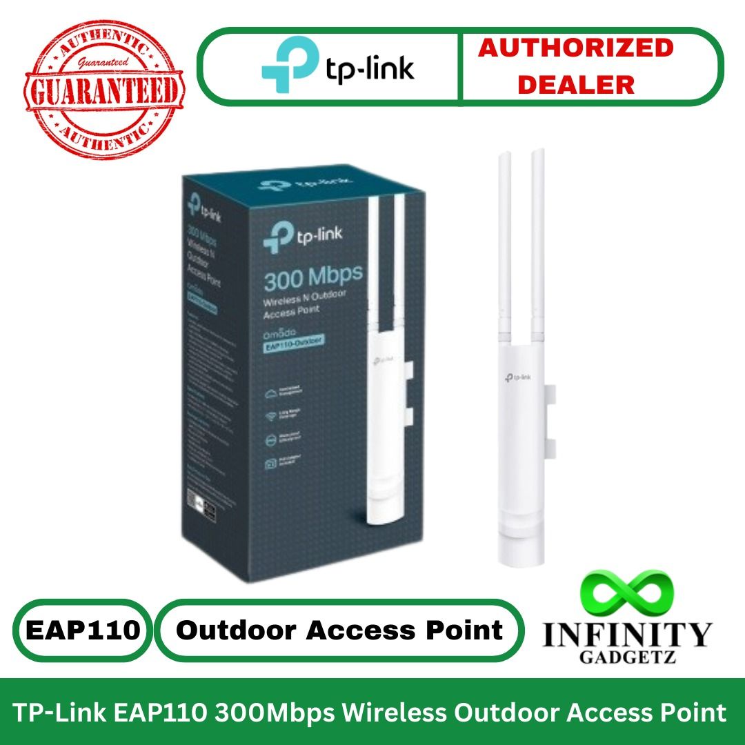 TP-Link Omada EAP110 300Mbps Wireless N Outdoor Access Point (Category: Networking) located in Manila. Submitted by infinitygadgetzph (Listing ID 1267404398, Image 1). Description: -Authentic -Authorized Dealer of TP-Link -Sealed and Brand New -With 1 Year Warranty (Must keep the complete box/carton for warranty claim) SPECIFICATIONS & FEATURES Features: -Ideal for Outdoor Environment: IP65 weatherproof enclosure for outdoor Wi-Fi applications. -