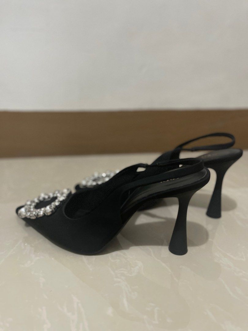 ZARA Black Embellished Slingback Heels (Category: Heels) located in Makati City. Submitted by kattarin (Listing ID 1267398965, Image 3). Description: Zara black embellished slingback heels. Used twice only - one for company party and the other time was friend's wedding. Size EU 36. Height: 3.5 inches/9 cm. .