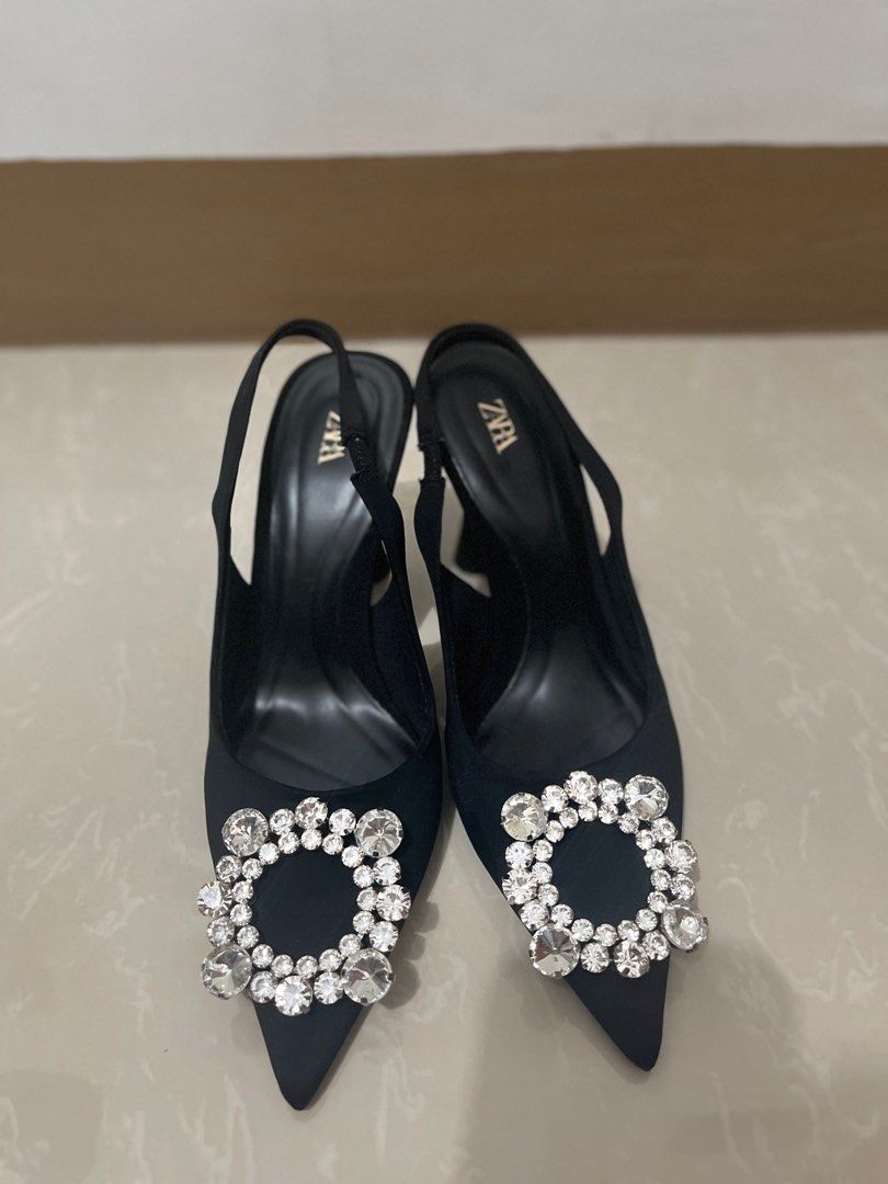 ZARA Black Embellished Slingback Heels (Category: Heels) located in Makati City. Submitted by kattarin (Listing ID 1267398965, Image 1). Description: Zara black embellished slingback heels. Used twice only - one for company party and the other time was friend's wedding. Size EU 36. Height: 3.5 inches/9 cm. .