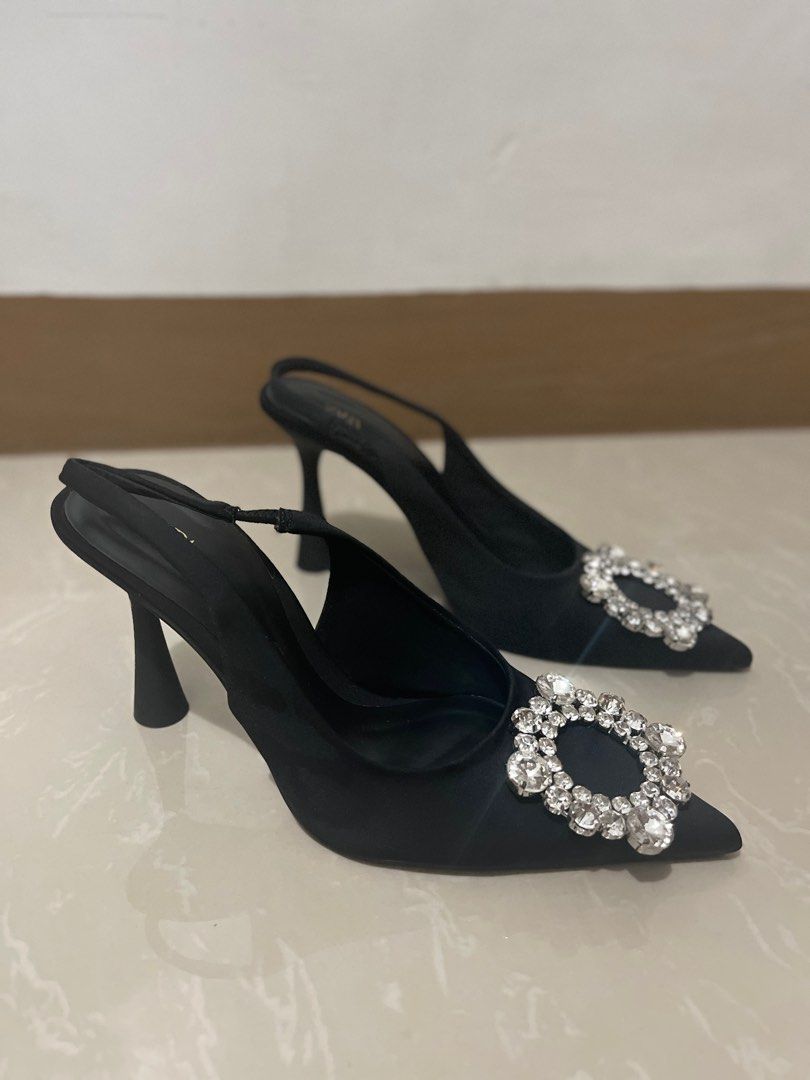 ZARA Black Embellished Slingback Heels (Category: Heels) located in Makati City. Submitted by kattarin (Listing ID 1267398965, Image 2). Description: Zara black embellished slingback heels. Used twice only - one for company party and the other time was friend's wedding. Size EU 36. Height: 3.5 inches/9 cm. .