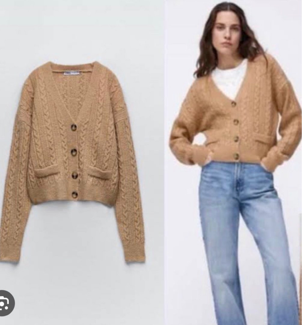 Zara cable knit cardigan brown Women s Fashion Tops Longsleeves on Carousell