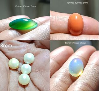 Assorted Loose Gem Cabochons - Red Coral, Green Onyx, Opalite, 4pcs Akoya Pearls (TAKE ALL ONLY)