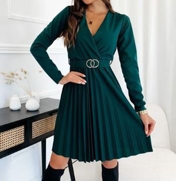 L11 Autumn Winter Mini Dress Fashion Casual V neck Long Sleeve Lace Up Pleated Elegant Green Dresses For Women Robe Femme New