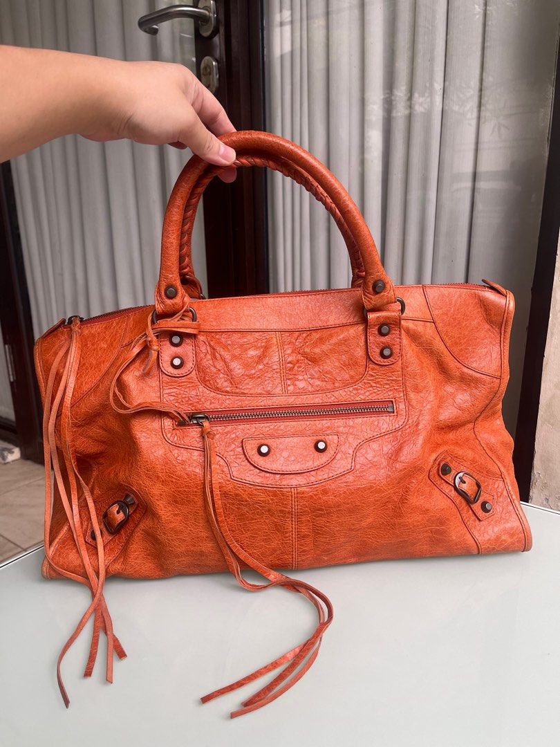 Super RARE Balenciaga Weekender Giant Mandarin Orange bata Lambskin size super besar Tote Hand bag Zipper Lampo 100 Authentic Original